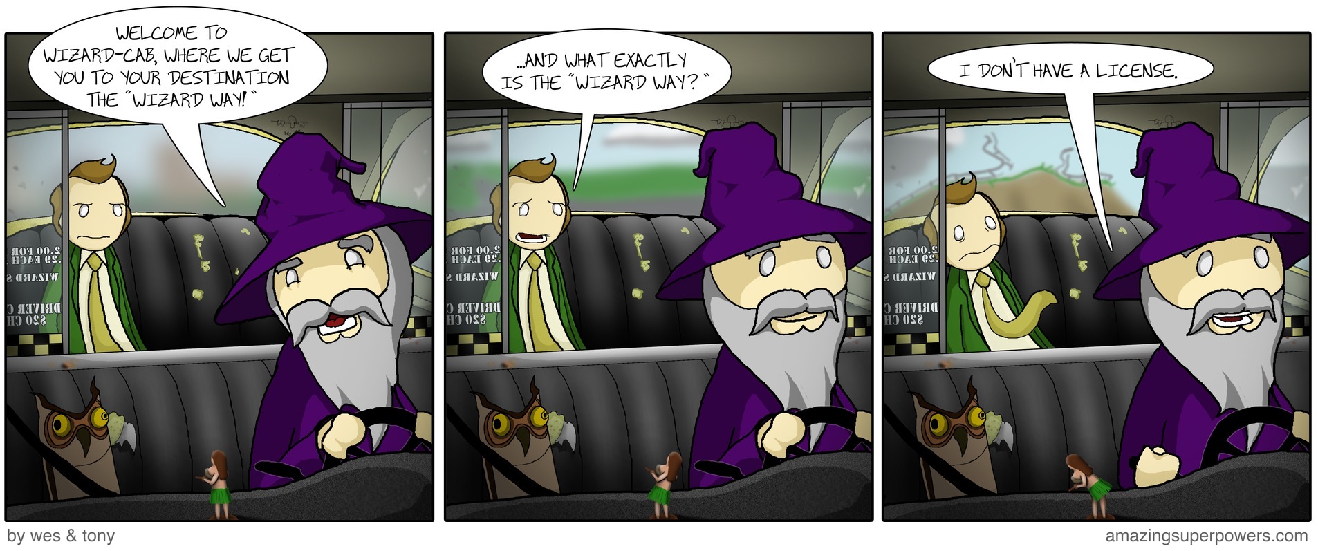 When this was drawn, we realized that the owl (being a bird) might actually survive the crash. So we strapped him in. 