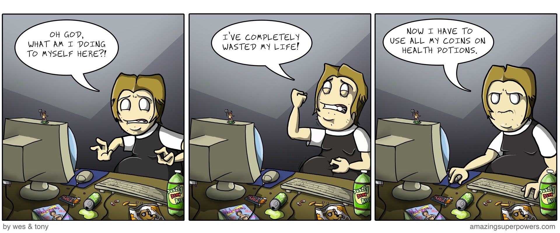 ALTERNATE REALITY: The comic is just the last panel and he is working on an excel spreadsheet.