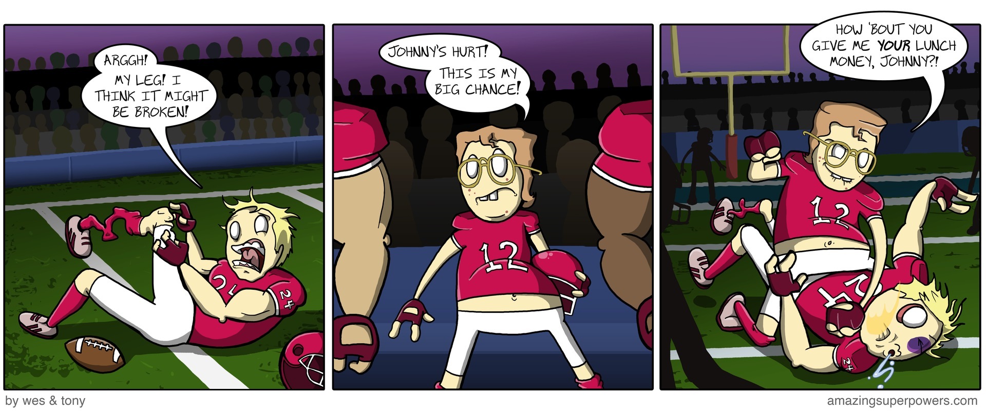 Later he has the honor of being carried off the field - by the officials.